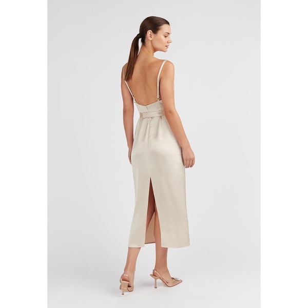 Kamea Beige Satin Cowl Neck Midi Dress