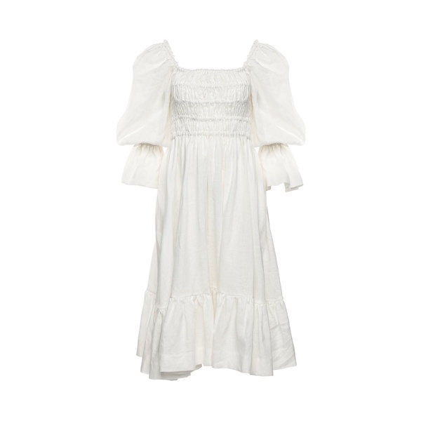 Amelia Ruched Midi Linen Dress In Dove