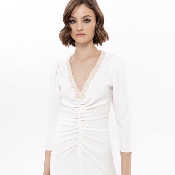 Faux Pearl-Appliqué Midi Dress White