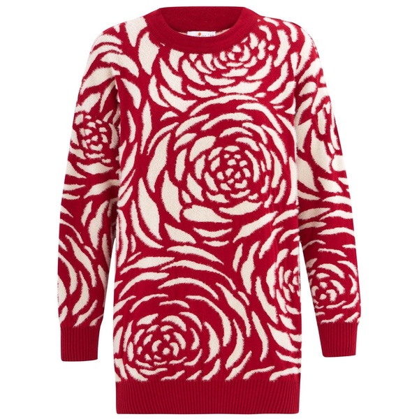 Rose Patterned Knitwear Fluffy Crew Neck Sweater  Red/Cream