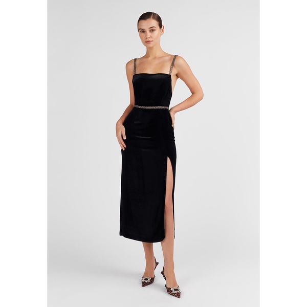 Amya Black Silk Velvet Midi Cocktail Dress