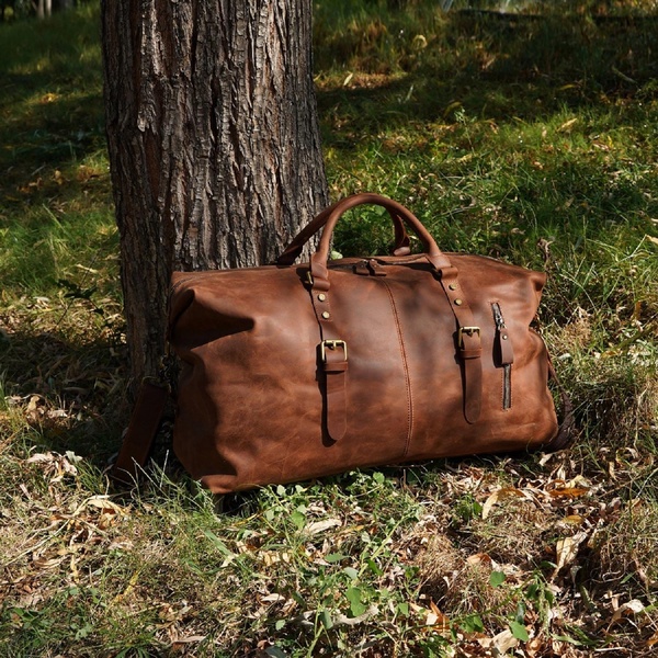 Zip Detail Genuine Leather Holdall - Light Brown