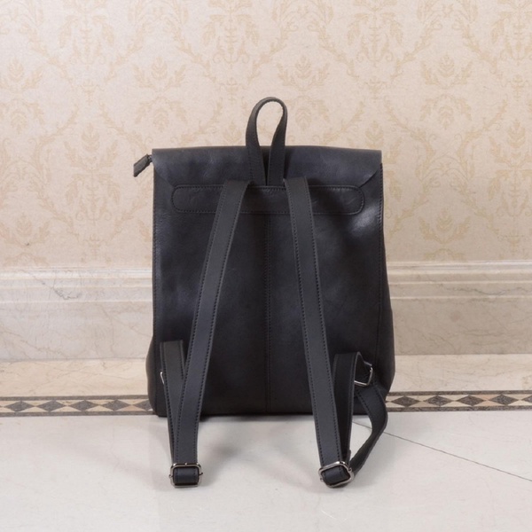 Handmade Genuine Leather Slim Backpack - Black