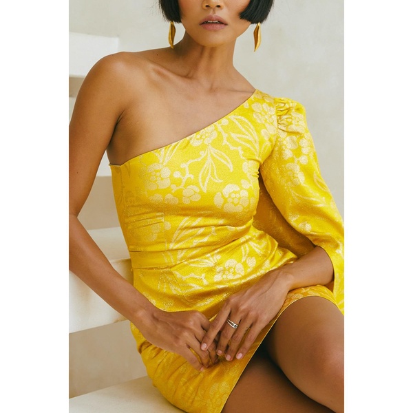 Lizi One Shoulder Yellow Jacquard Mini Dress