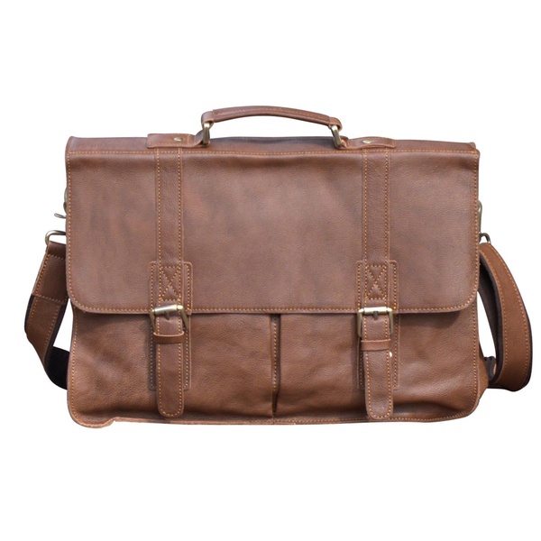 Worn Look Genuine Leather Messenger - Chestnut