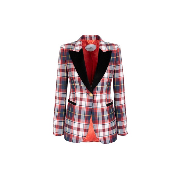 Fitted Red Plaid Blazer With Black Velvet Lapels And Golden Buttons Anabel