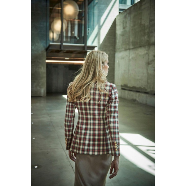 Red And Green Plaid Blazer With Black Lapels And Golden Buttons Alcott