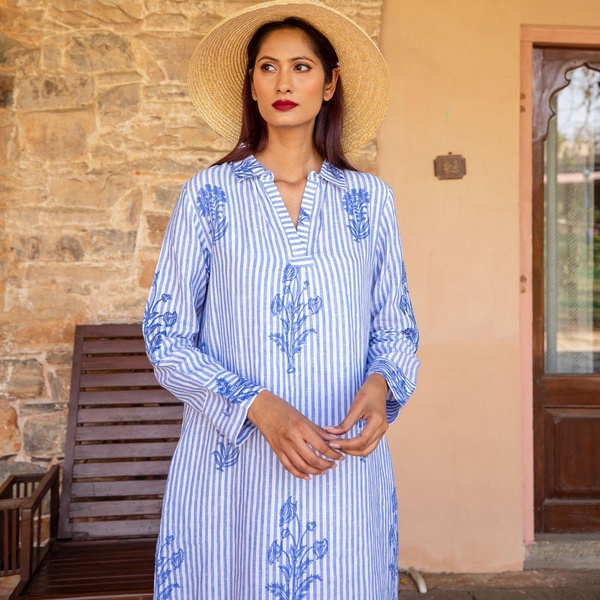 Tourist Hand Printed Stripe Linen Tunic Dress - Blue And White