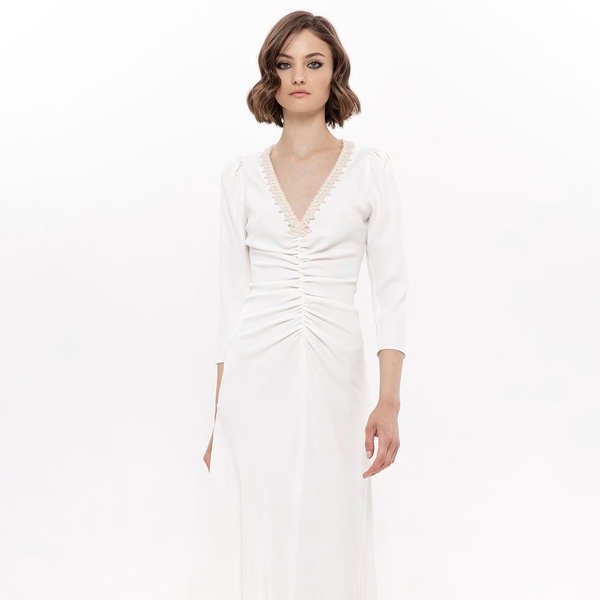 Faux Pearl-Appliqué Midi Dress White