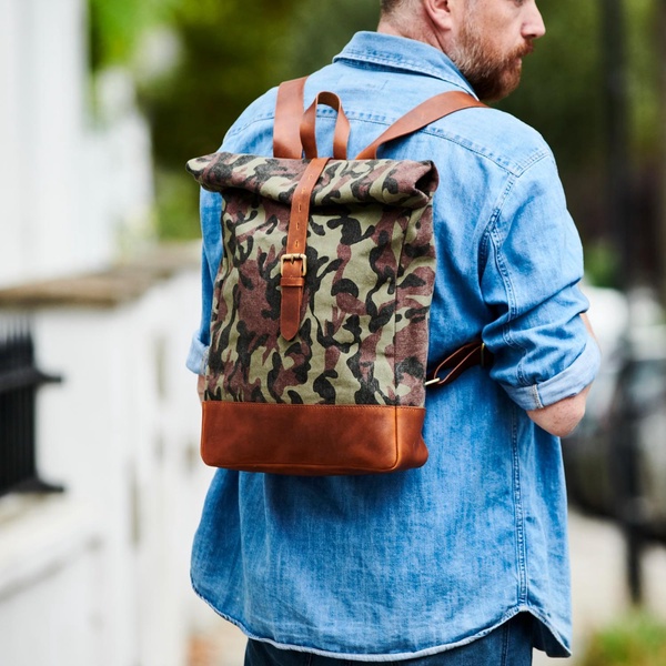 Camo Canvas And Leather Roll Top Backpack - Green