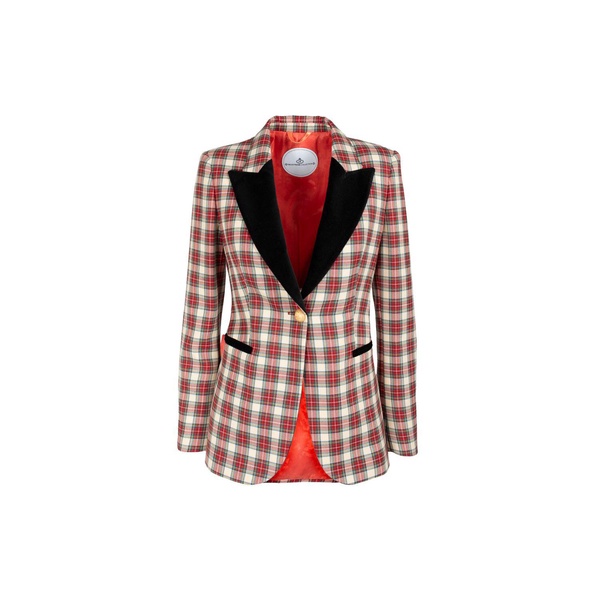 Red And Green Plaid Blazer With Black Lapels And Golden Buttons Alcott