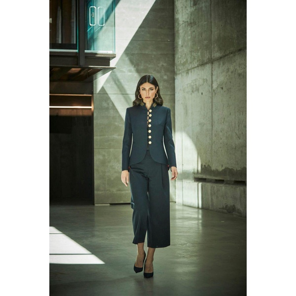 Embroidered Navy Blue Premium Crepe Blazer Poppy