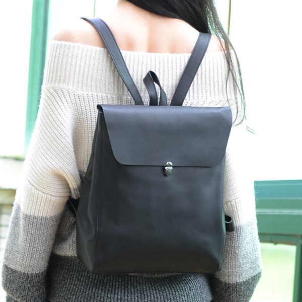 Handmade Genuine Leather Slim Backpack - Black