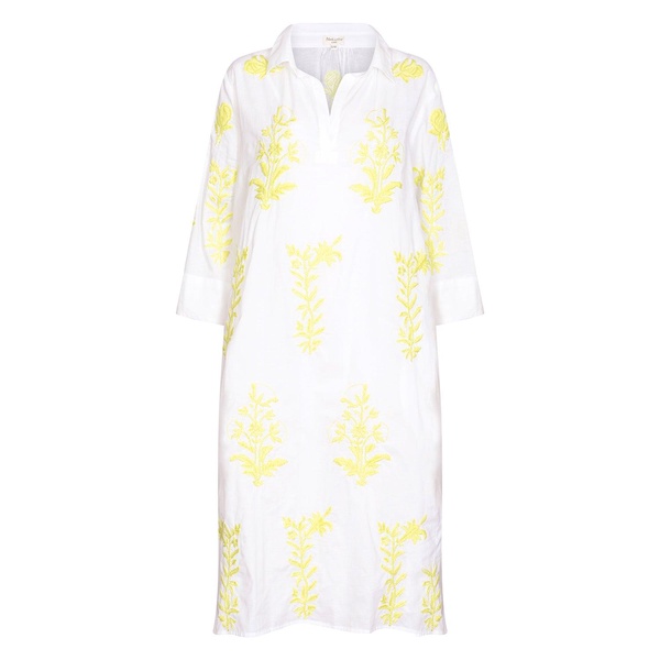 Long Tourist Dress White With Lime Embroidery Cotton White