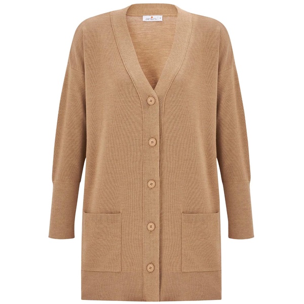 Nicola V-Neck Long Knit Cardigan - Camel Melange