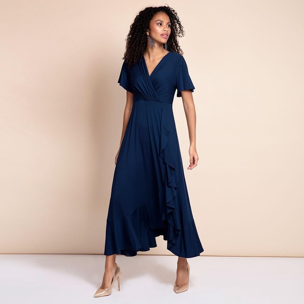 Petite Waterfall Midi Dress In Navy Blue