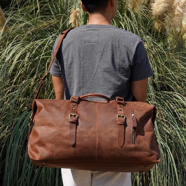 Zip Detail Genuine Leather Holdall - Light Brown