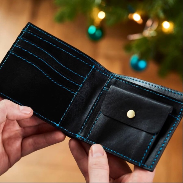 Black Leather Wallet With Contrast Blue Stitch