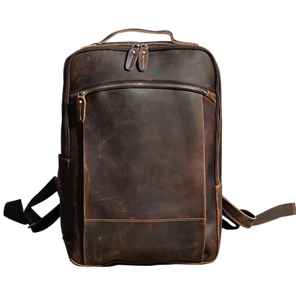 Minimalist Zip Open Leather Backpack - Dark Brown