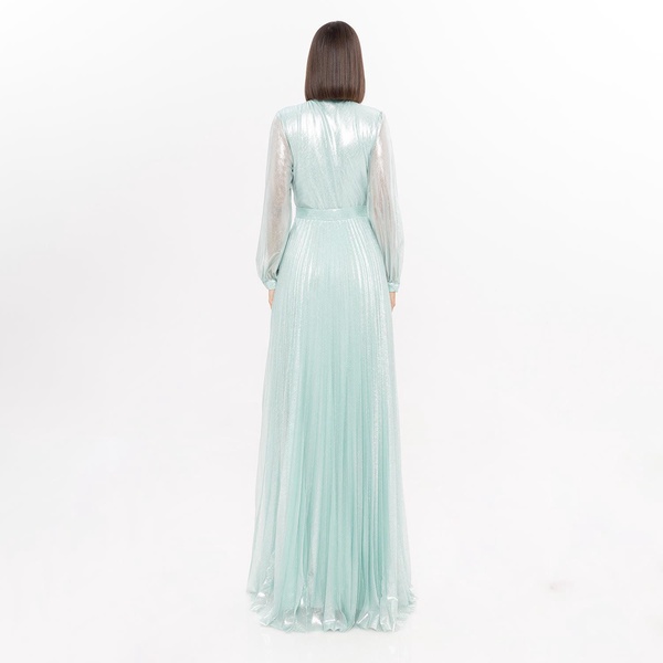 Pleated Metallic Maxi Dress Aqua