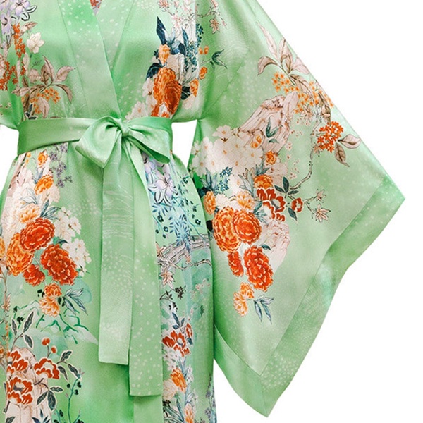 Sage Pagoda Silk Satin Kimono