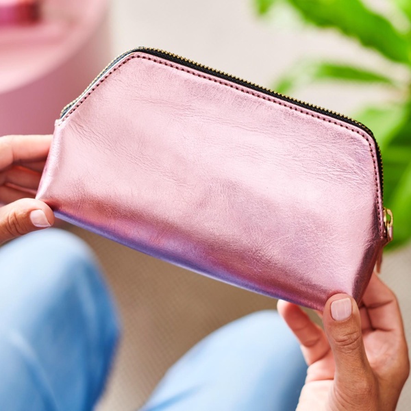 Solar Metallic Pink Leather Make-Up Bag