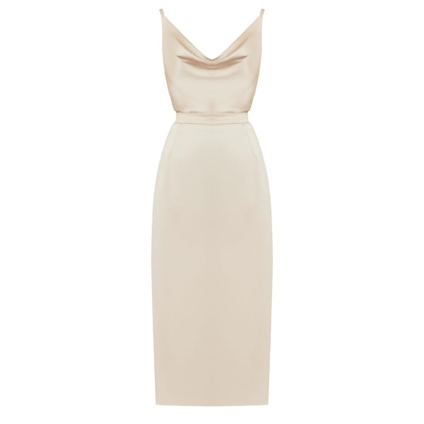 Kamea Beige Satin Cowl Neck Midi Dress