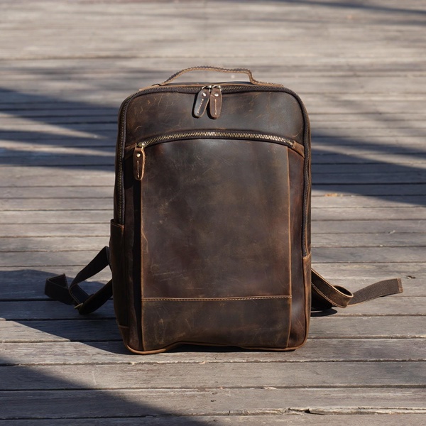 Minimalist Zip Open Leather Backpack - Dark Brown