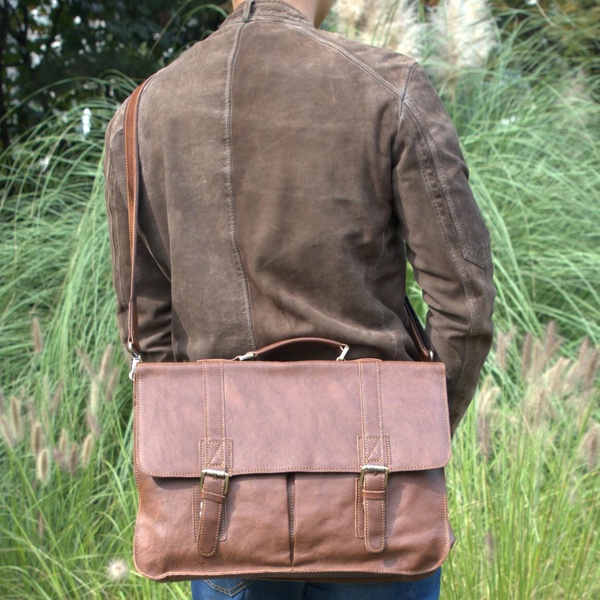 Worn Look Genuine Leather Messenger - Chestnut