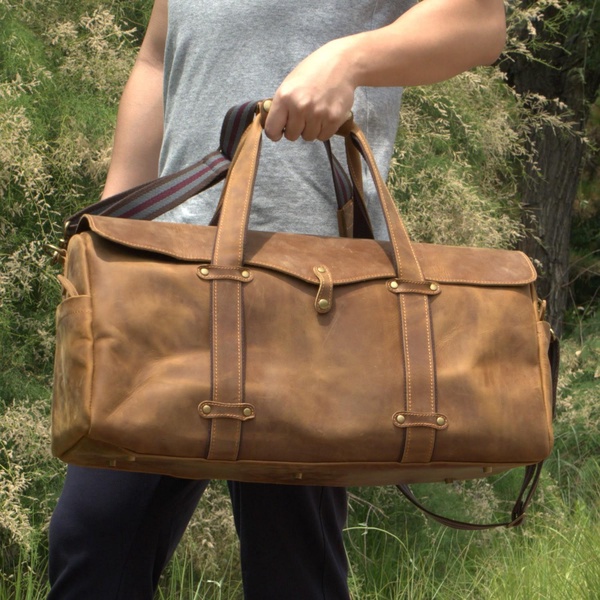 Stitched Detail Genuine Leather Holdall - Brown