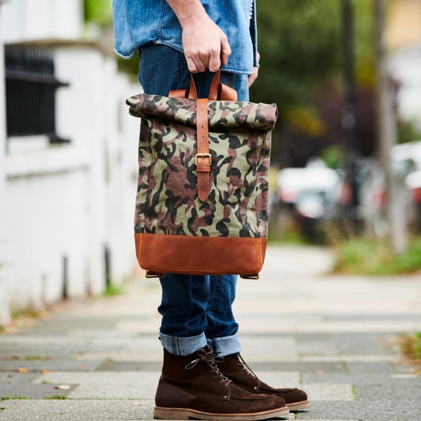 Camo Canvas And Leather Roll Top Backpack - Green