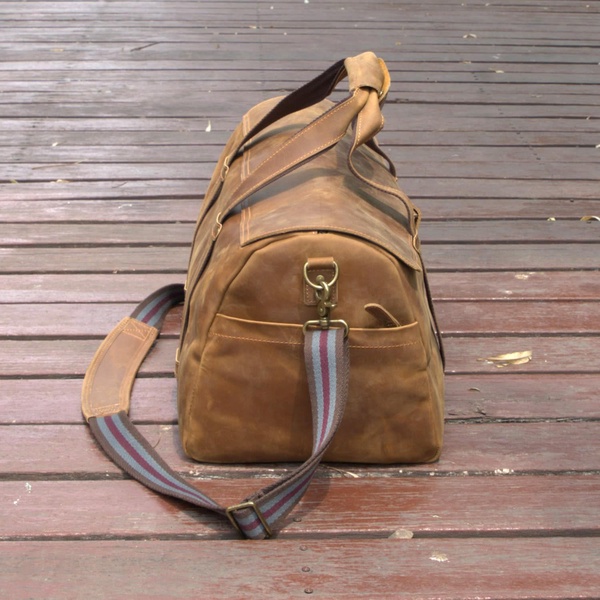 Stitched Detail Genuine Leather Holdall - Brown