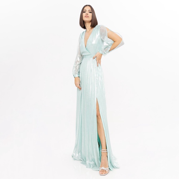 Pleated Metallic Maxi Dress Aqua