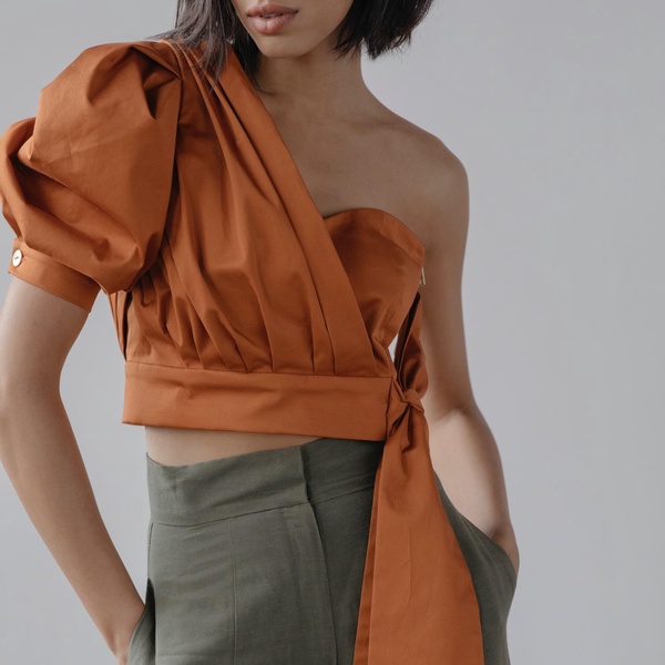 Emily One-Shoulder Cotton Poplin Top In Copper