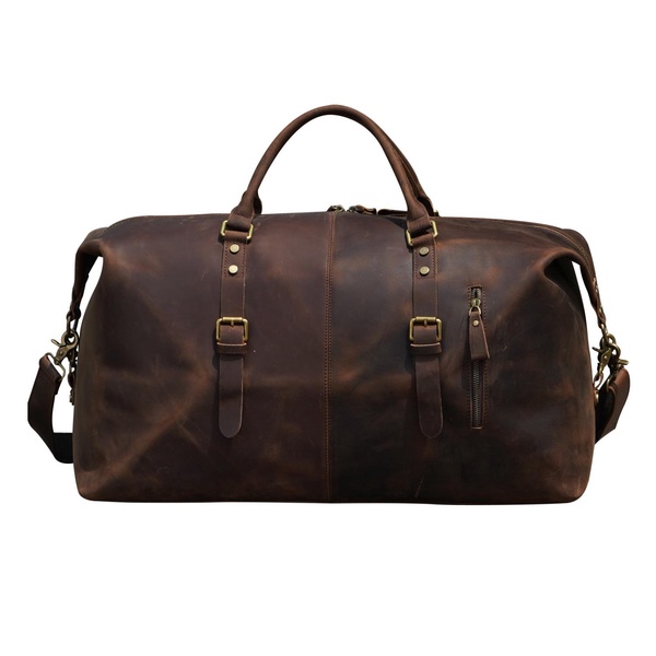 Zip Detail Genuine Leather Holdall - Vintage Dark Brown