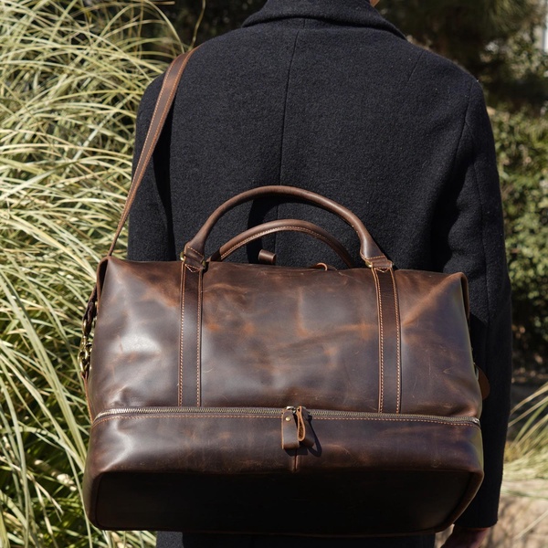 Leather Weekend Bag With Suit Compartment - Dark Brown