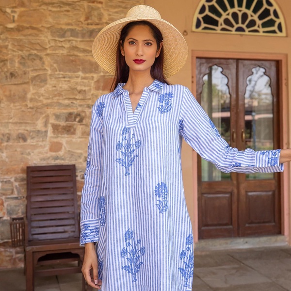 Tourist Hand Printed Stripe Linen Tunic Dress - Blue And White