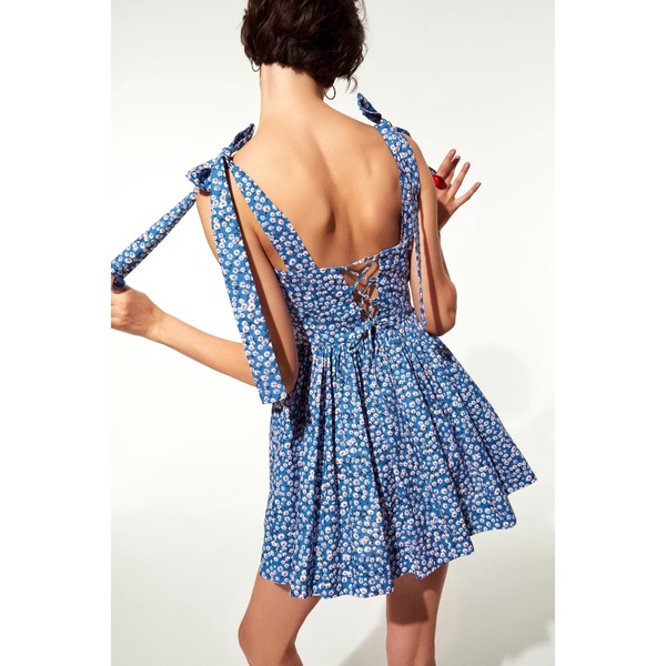 Audree Floral Print Poplin Mini Dress In Azure Blue