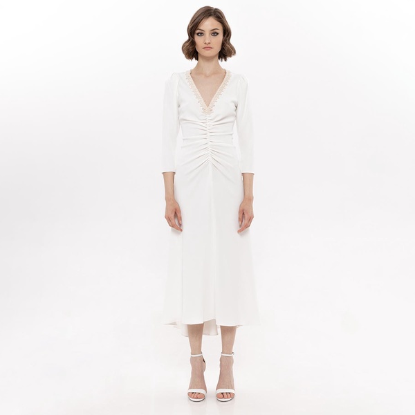 Faux Pearl-Appliqué Midi Dress White