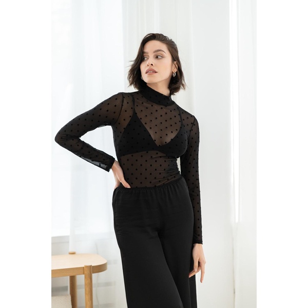 Black Polka Dot Sheer Blouse With Turtleneck