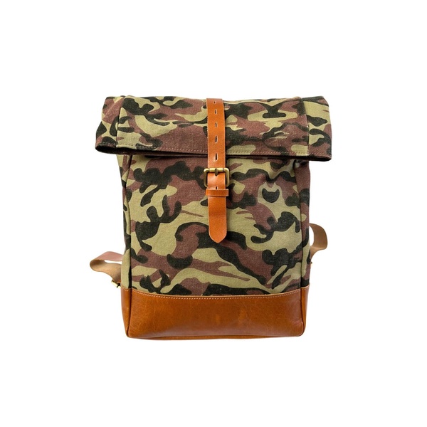 Camo Canvas And Leather Roll Top Backpack - Green