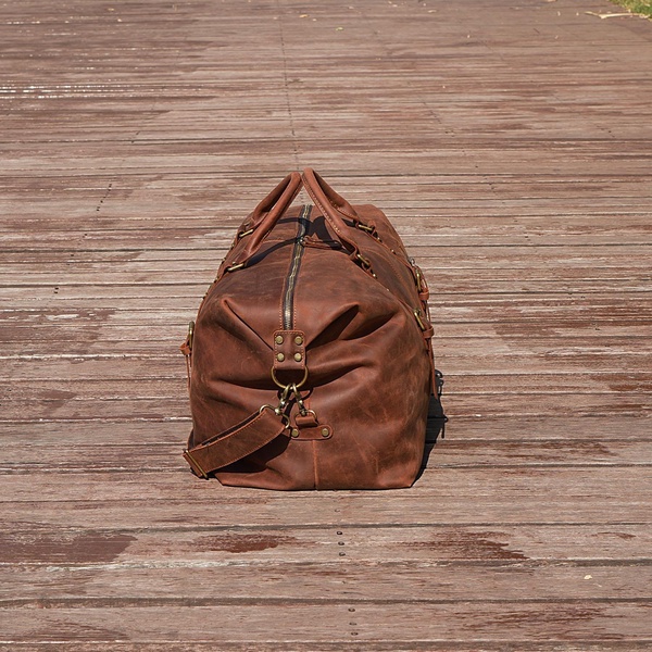 Zip Detail Genuine Leather Holdall - Light Brown