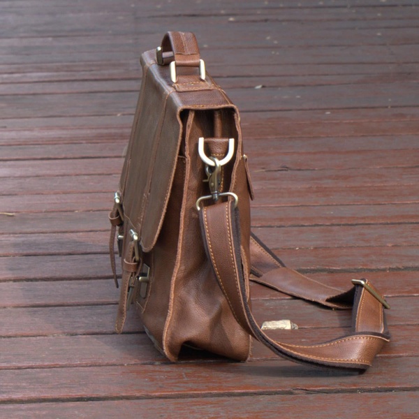 Worn Look Genuine Leather Messenger - Chestnut