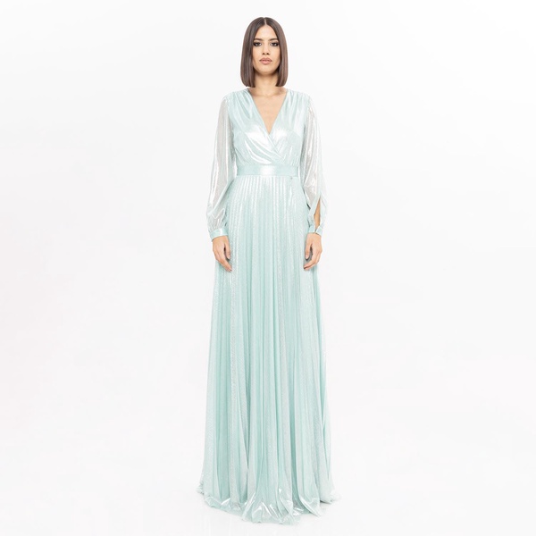 Pleated Metallic Maxi Dress Aqua