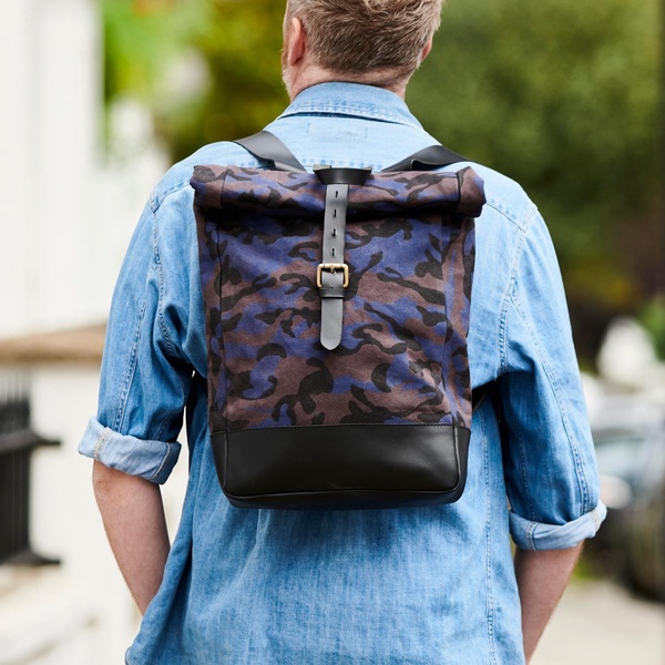 Camo Canvas And Leather Roll Top Backpack - Blue