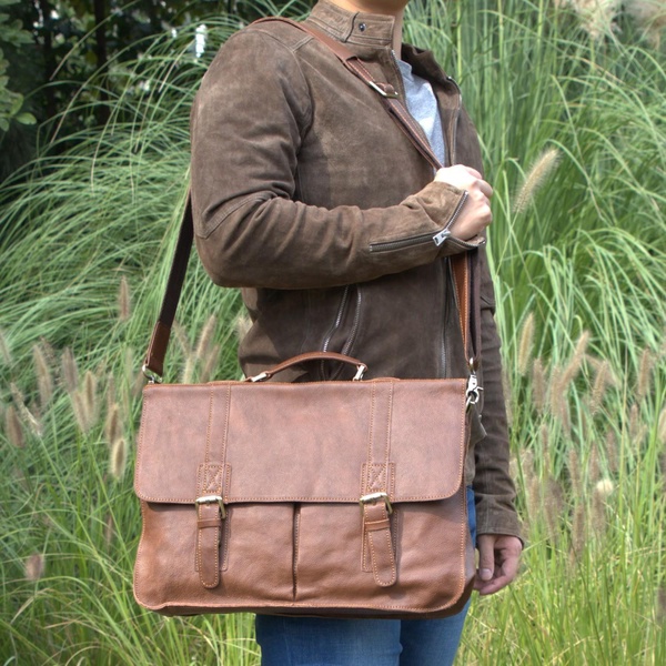 Worn Look Genuine Leather Messenger - Chestnut