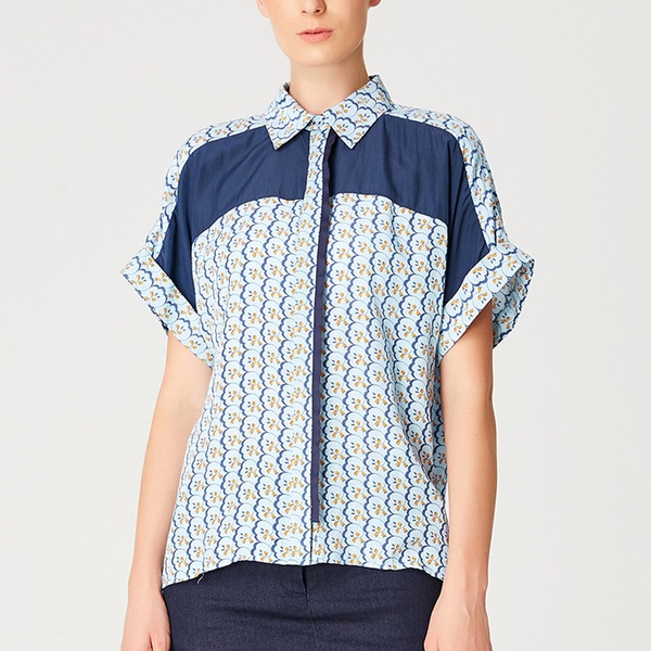 Color Block Short Sleeves Shirt With Geometric Print