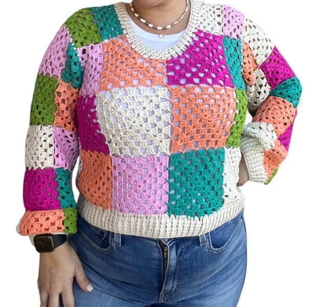 long sleeve crochet sweater in multicolor