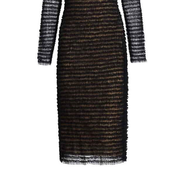 smocked long sleeve midi dress in black