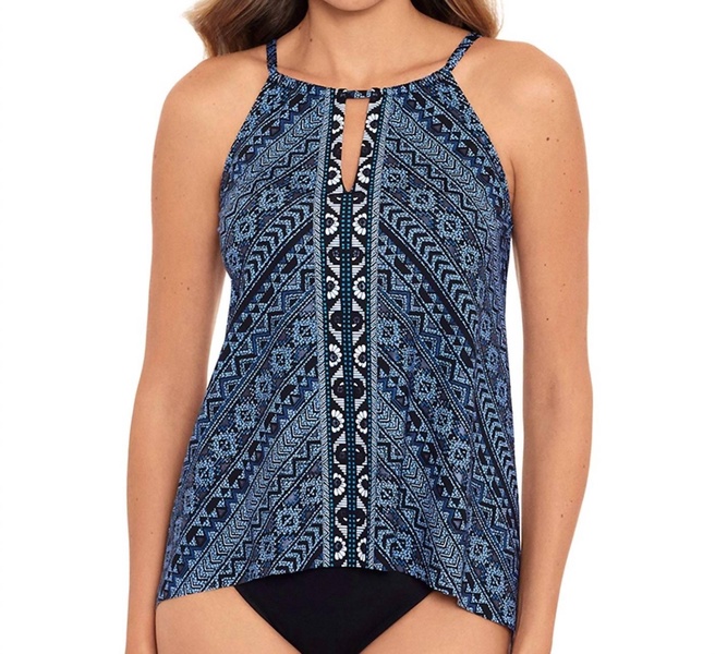 paillette peephole tankini top in blue